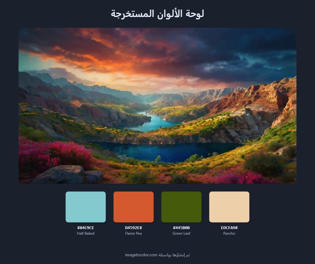 لقطة شاشة لواجهة أداة منتقي الألوان من الصورة تظهر تحميل الصورة، التقاط الألوان، ولوحة الألوان.
