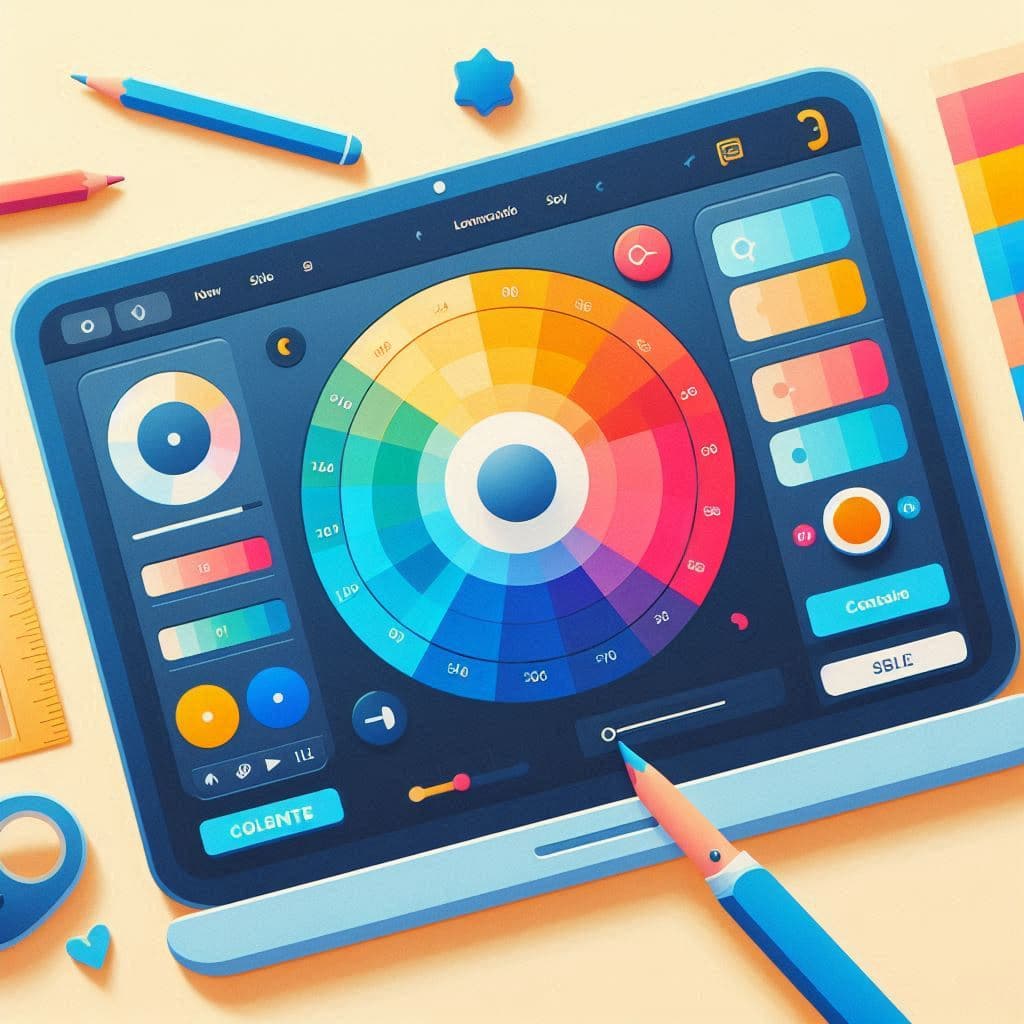 A digital color wheel on a tablet, displaying vibrant color combinations and editing tools.