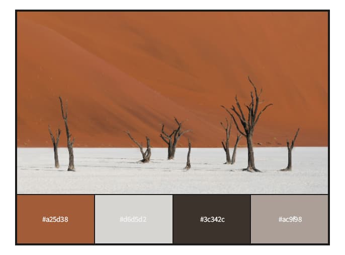 A palette of colors with A row of dead trees in a desert landscape