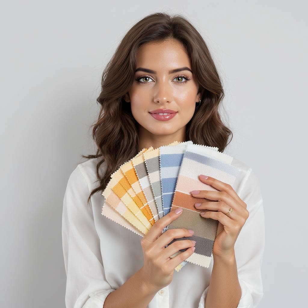 A woman holding a fan of fabric swatches in various colors, possibly for color analysis.