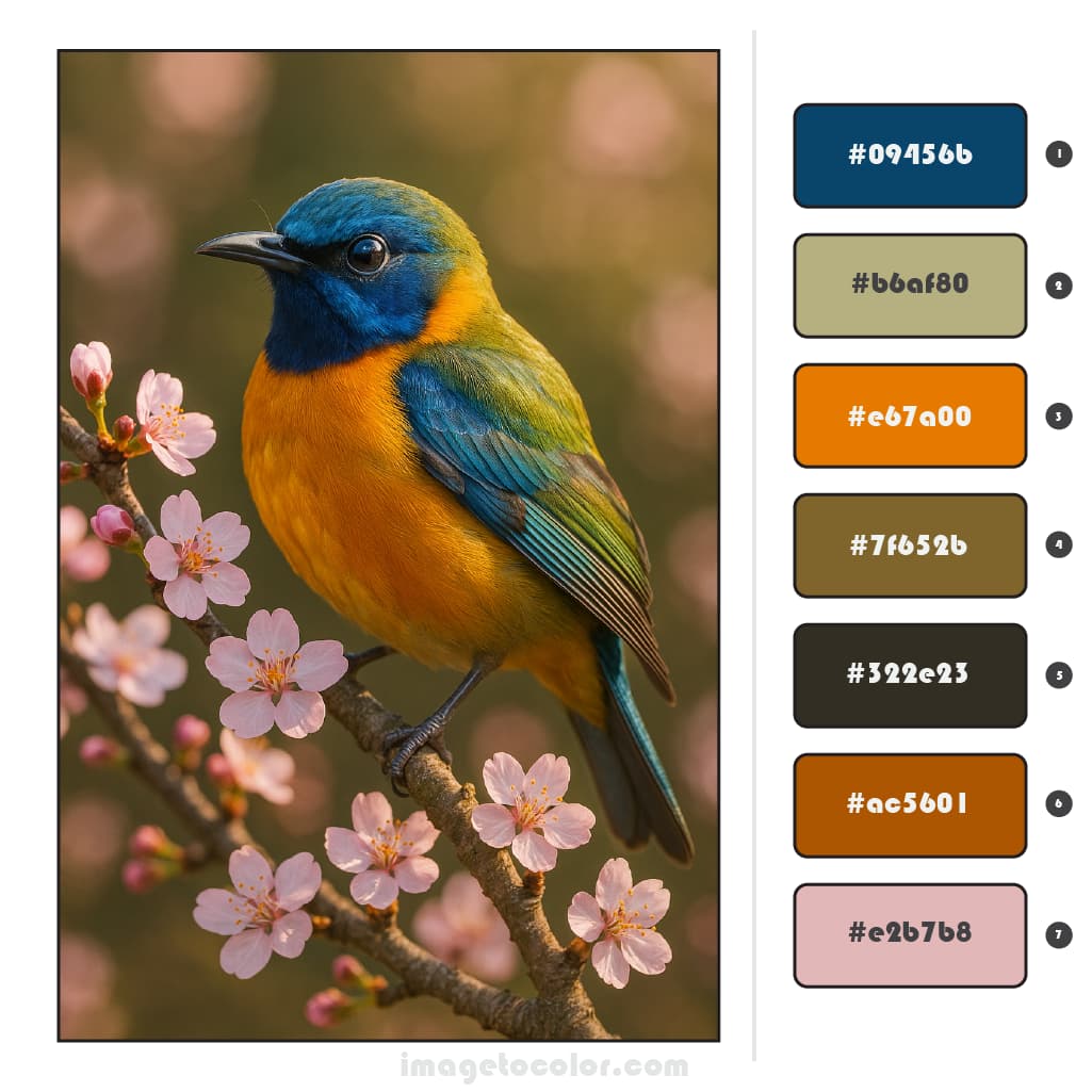 A colorful bird with blue, yellow, and green feathers on a branch with pink blossoms.
