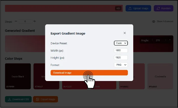 Export Options: Download CSS and Export Image with Size and Format Selection