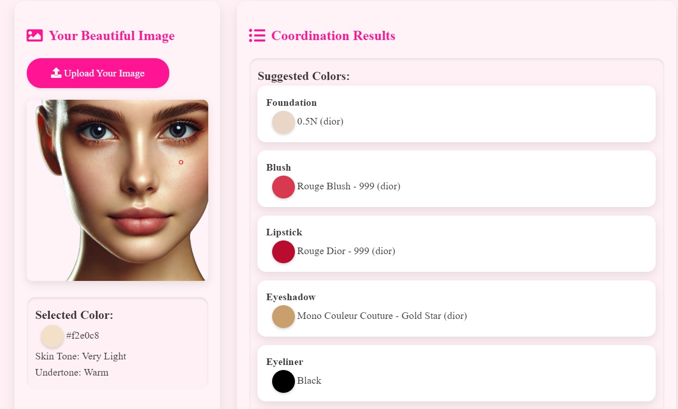 Makeup coordination online tool interface with suggested colors.