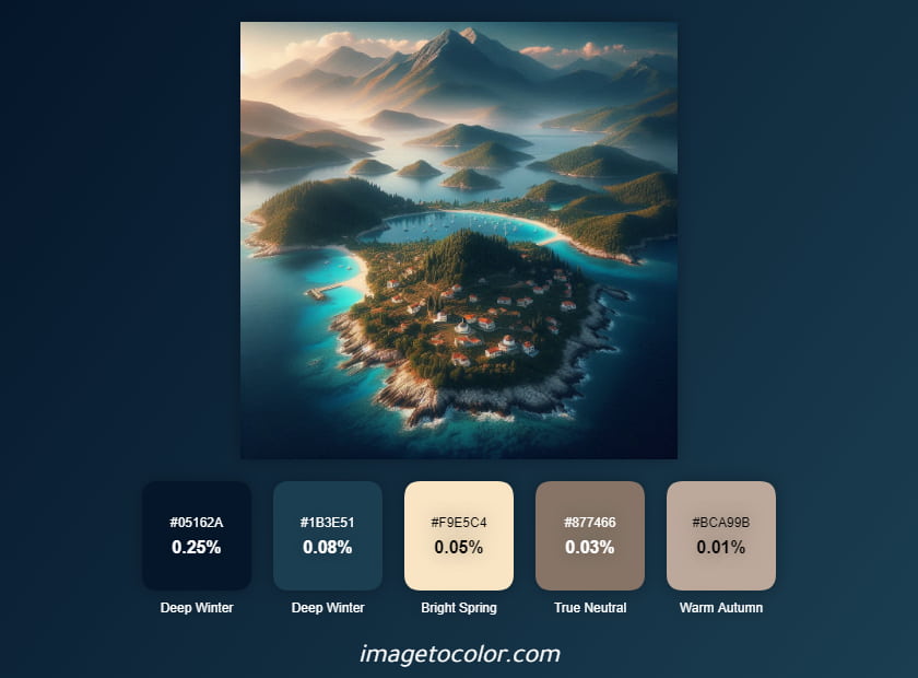 A scenic coastal landscape with islands, mountains, and turquoise waters, accompanied by a color palette analysis based on seasonal color theory.