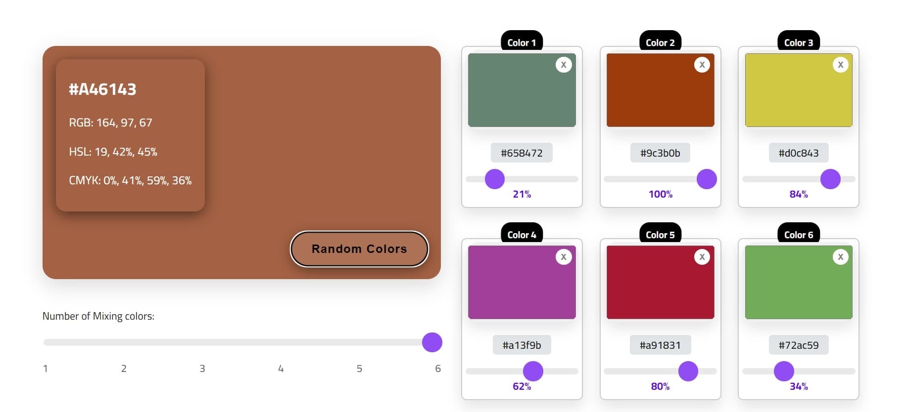 Color mixing tool interface with six color samples and a central mixed color