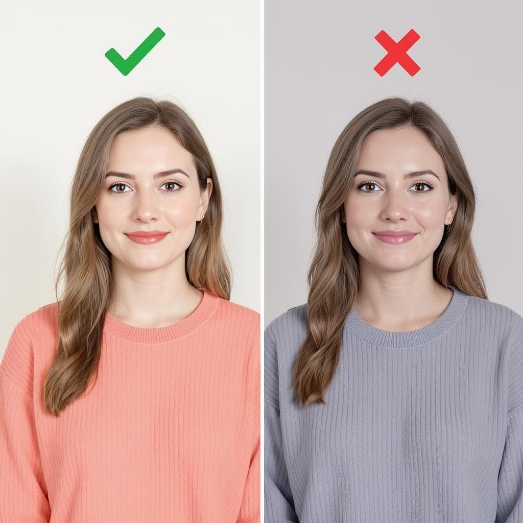 Correct vs. incorrect ID photo example with a woman in peach (good) and grey (bad).