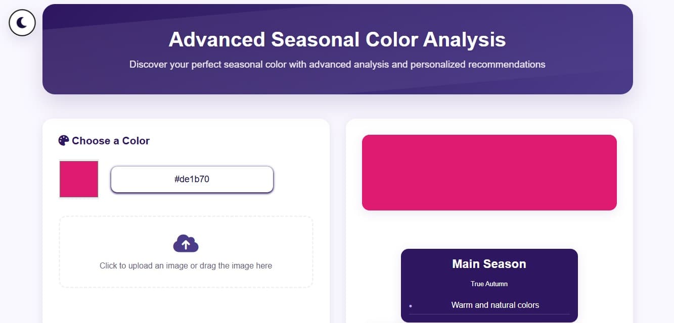 Seasonal color analysis tool showing pink (#de1b70) as 'True Autumn.