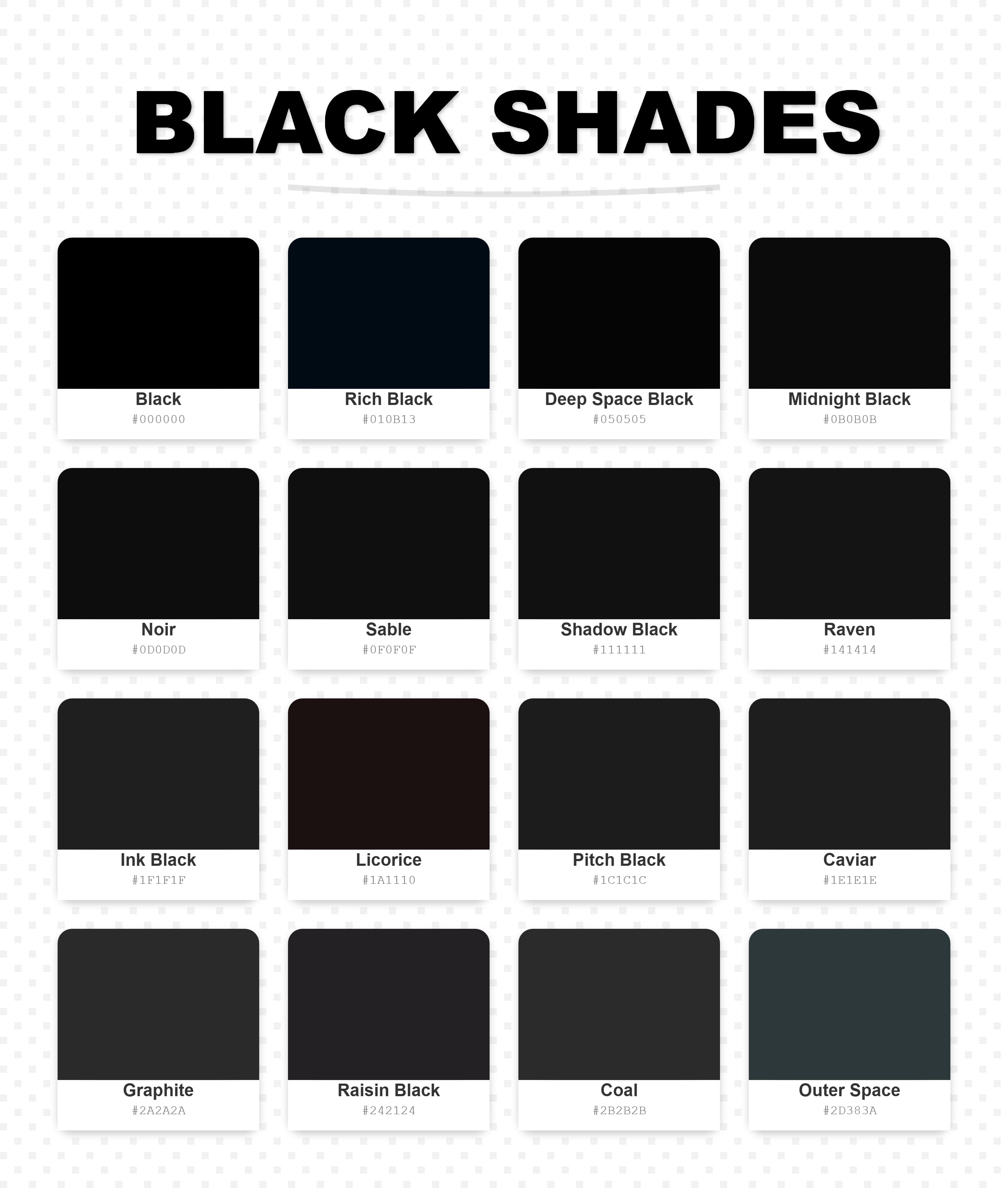 Different shades of black 40 names meanings and hex codes 